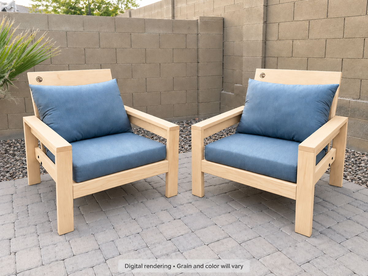 Digital rendering: Classic Chair Pair in Hard White Maple / natural satin. Actual grain and color will vary. Blue cushions sold separately.