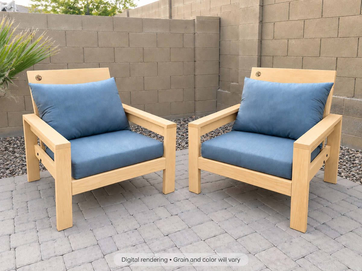 Digital rendering: Classic Chair Pair in Hard White Maple / ultra light honey. Actual grain and color will vary. Blue cushions sold separately.