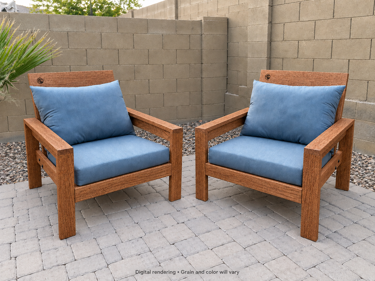 Digital rendering: Classic Chair Pair in Leopardwood / matte clear. Actual grain and color will vary. Blue cushions sold separately.