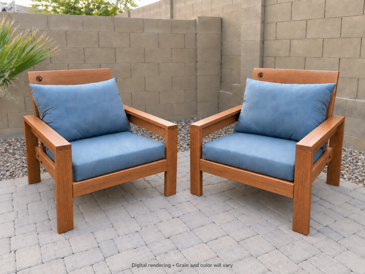 Digital rendering: Classic Chair Pair in Leopardwood / satin clear. Actual grain and color will vary. Blue cushions sold separately.