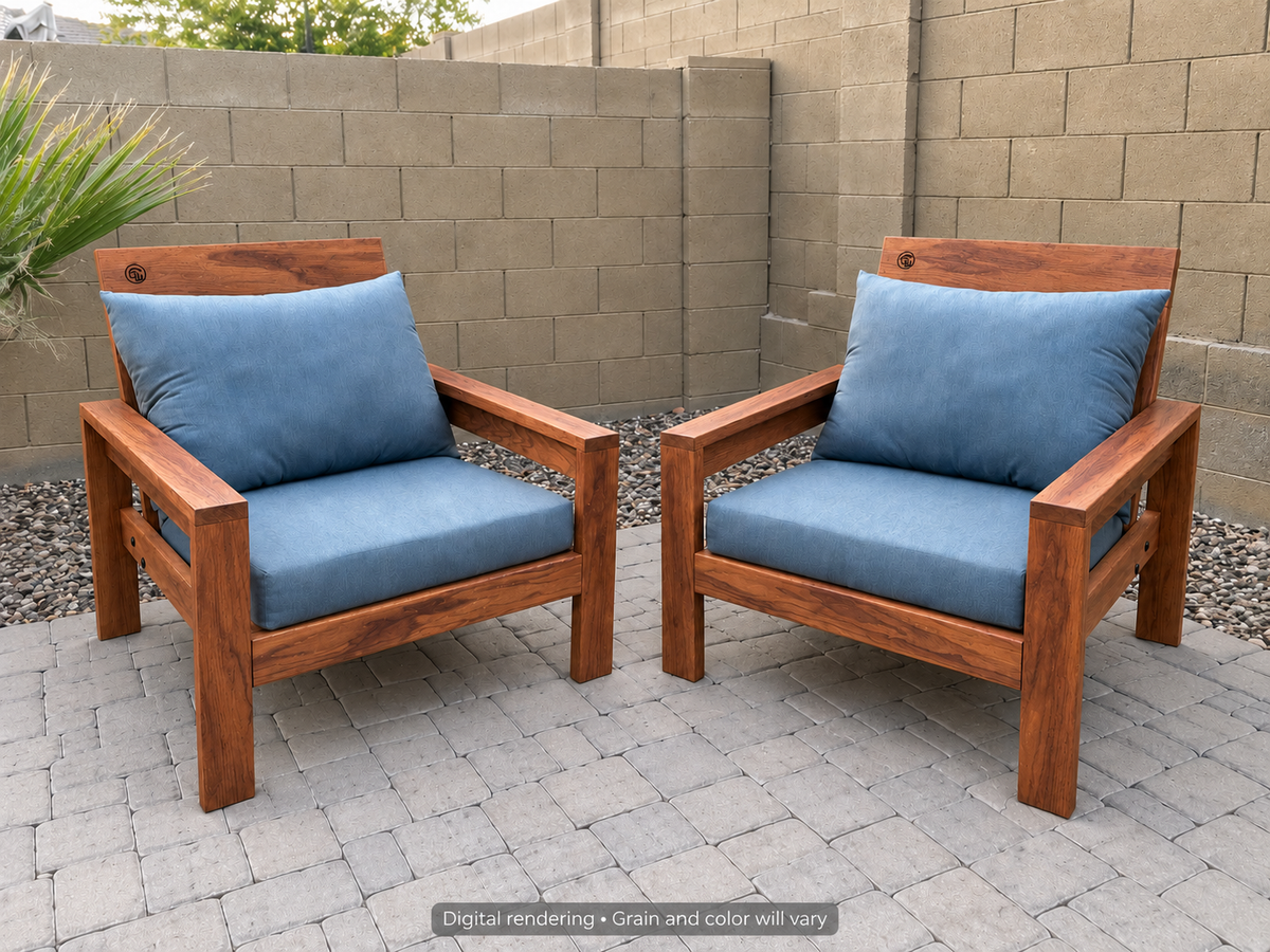 Digital rendering: Classic Chair Pair in Mesquite / natural satin. Actual grain and color will vary. Blue cushions sold separately.