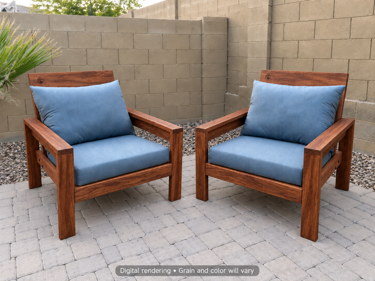 Digital rendering: Classic Chair Pair in Mesquite / walnut reserve. Actual grain and color will vary. Blue cushions sold separately.