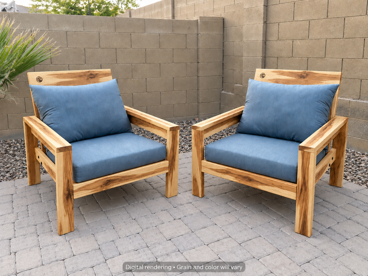 Digital rendering: Classic Chair Pair in Natural Hickory / light honey. Actual grain and color will vary. Blue cushions sold separately.