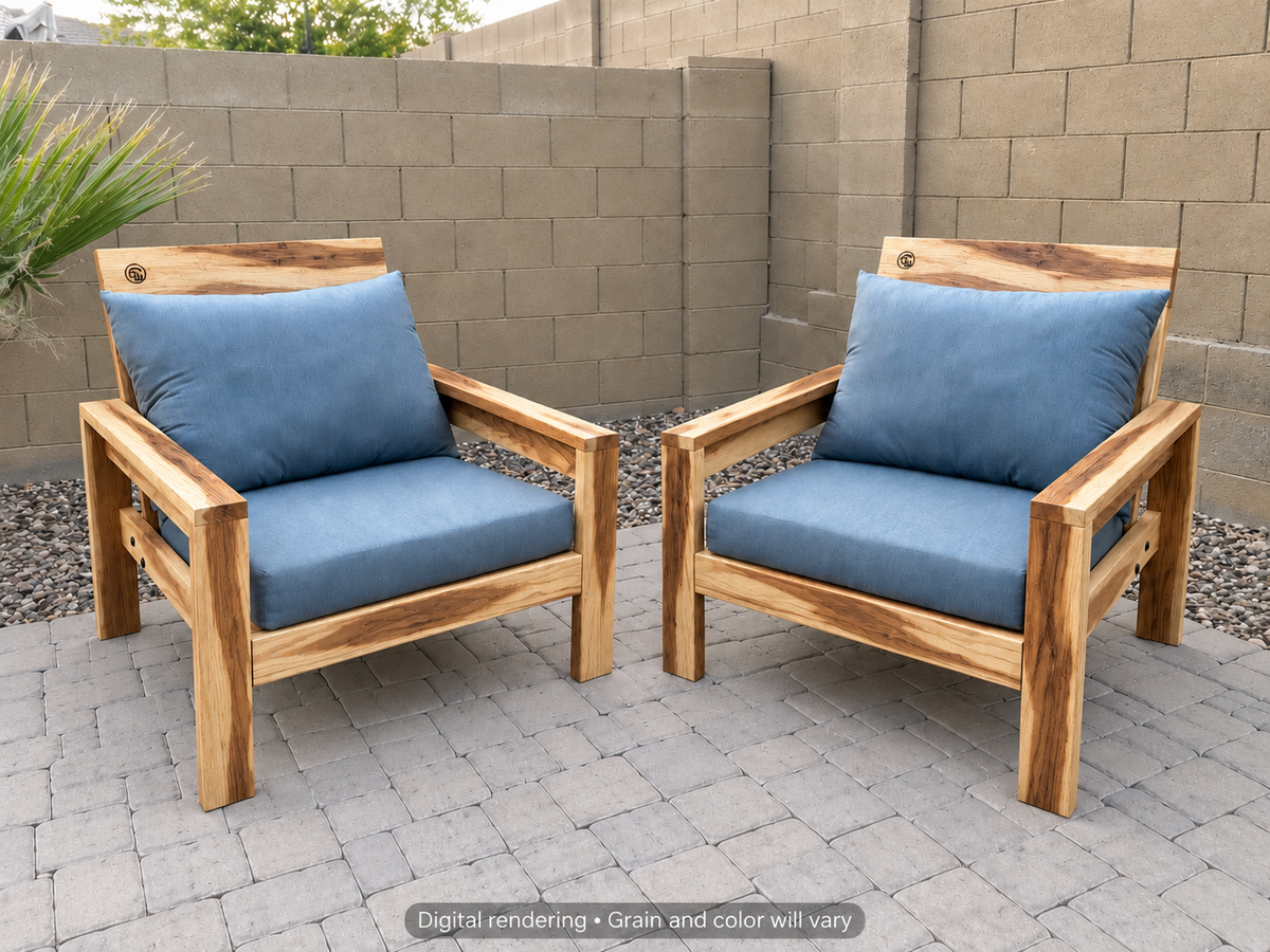 Digital rendering: Classic Chair Pair in Natural Hickory / natural satin. Actual grain and color will vary. Blue cushions sold separately.