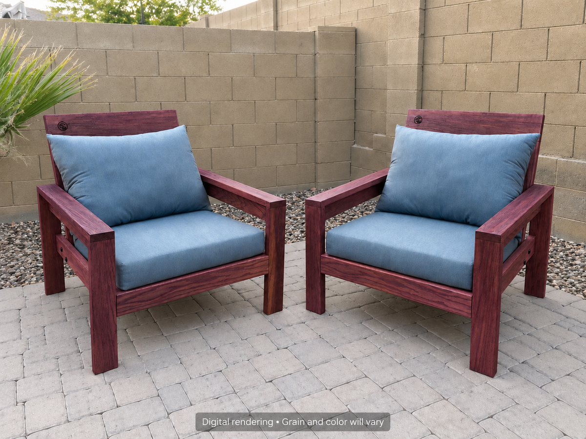 Digital rendering: Classic Chair Pair in Purpleheart / uv satin clear. Actual grain and color will vary. Blue cushions sold separately.