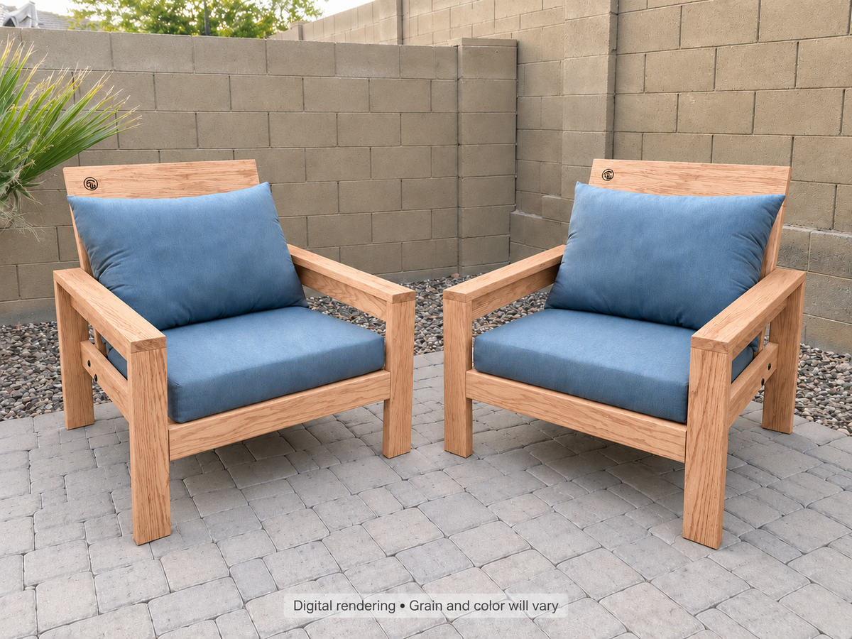 Digital rendering: Classic Chair Pair in Red Oak with Natural Satin finish. Actual grain and color will vary. Blue cushions sold separately.
