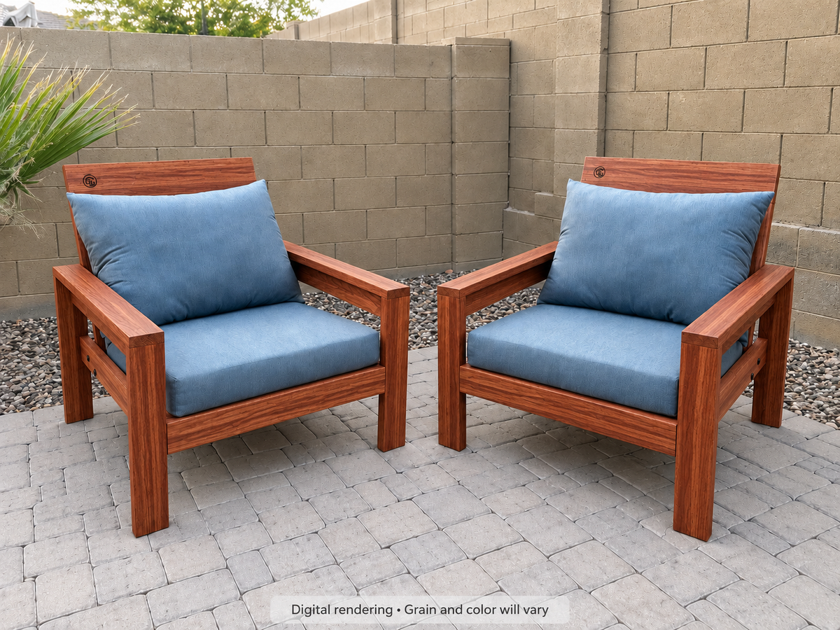 Digital rendering: Classic Chair Pair in Sapele Ribbon / natural satin. Actual grain and color will vary. Blue cushions sold separately.