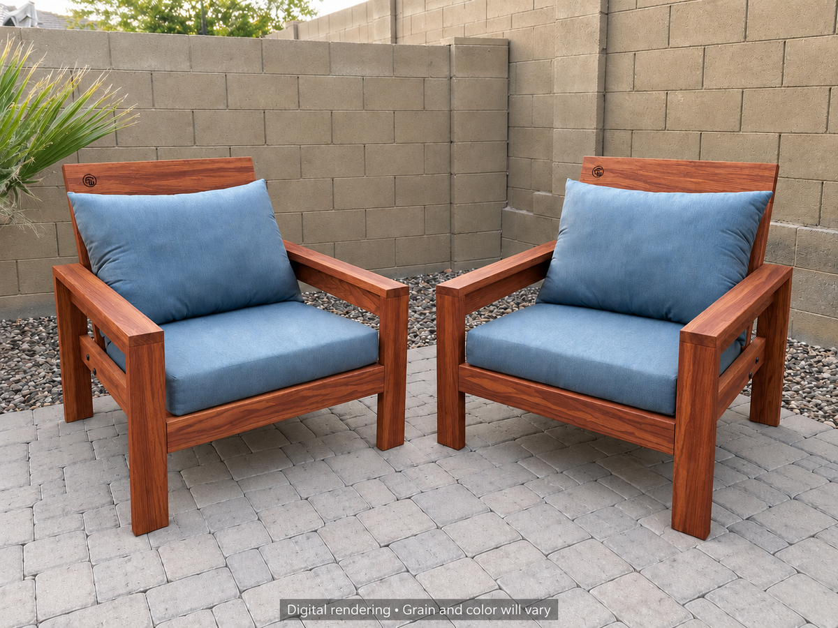 Digital rendering: Classic Chair Pair in Sapele Ribbon / satin oil. Actual grain and color will vary. Blue cushions sold separately.
