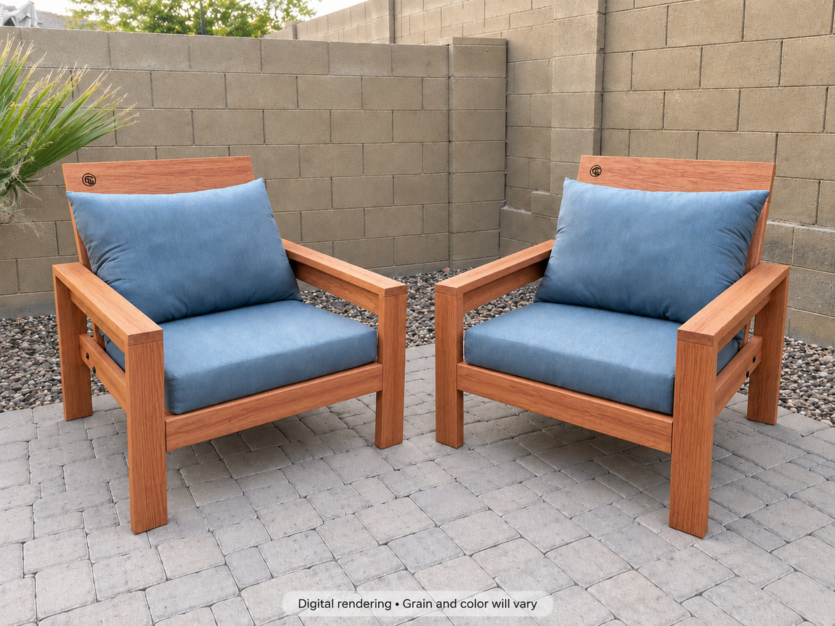 Digital rendering: Classic Chair Pair in Spanish Cedar / natural satin. Actual grain and color will vary. Blue cushions sold separately.