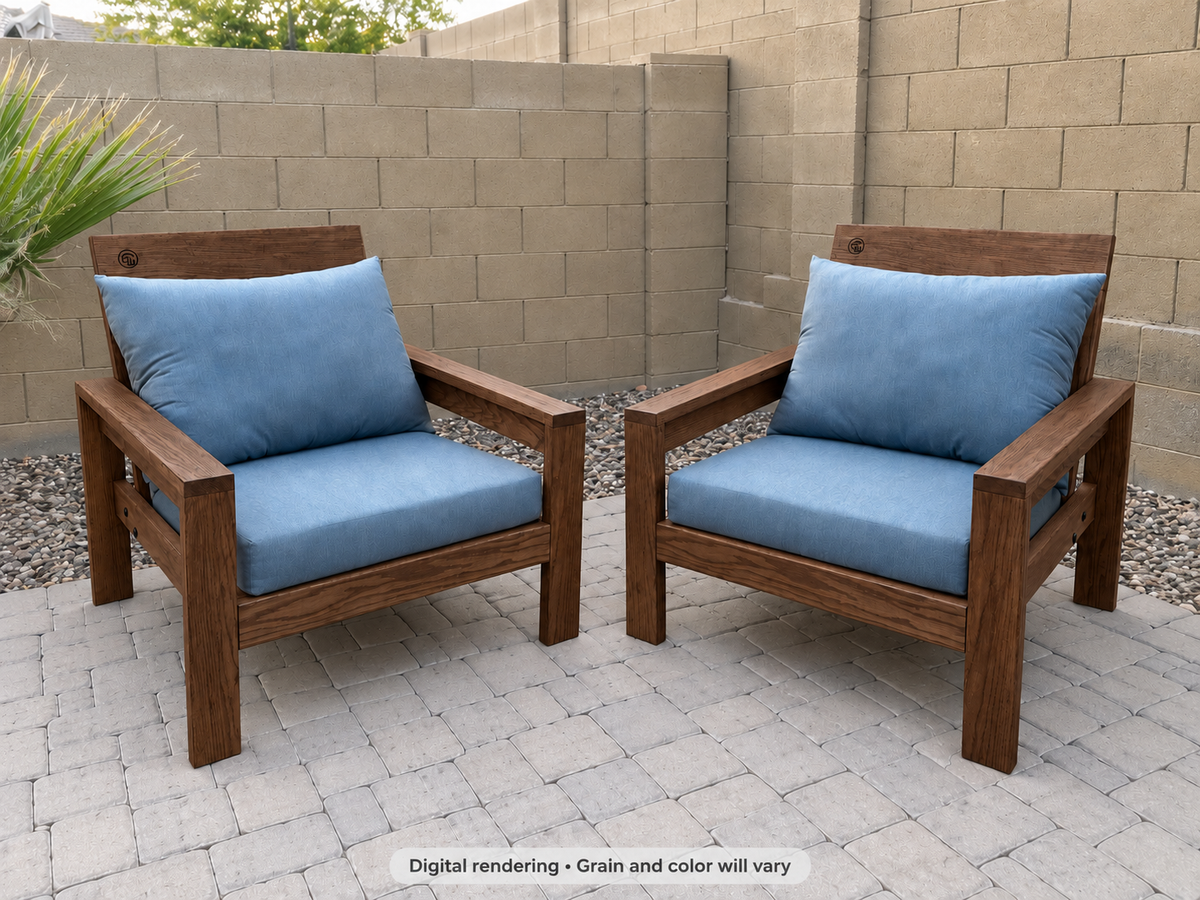 Digital rendering: Classic Chair Pair in White Oak / walnut reserve. Actual grain and color will vary. Blue cushions sold separately.