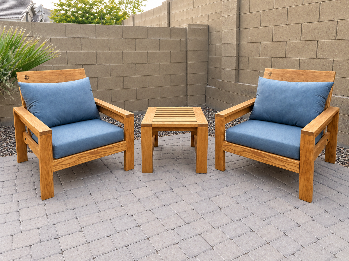 Classic Chair Pair with End Table in Red Oak with Canyon Honey finish. Blue cushions sold separately. Photo-based composite.