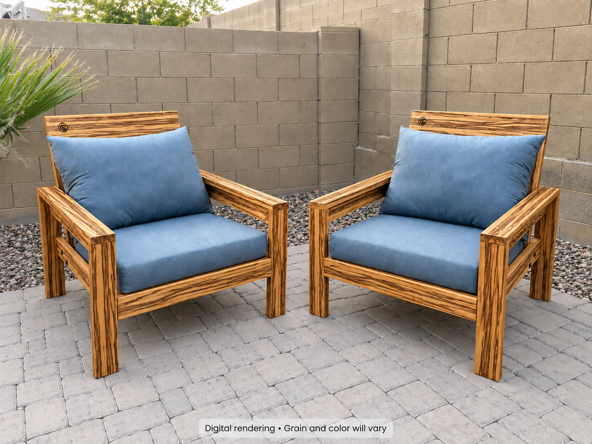 Digital rendering: Classic Chair Pair in Zebrawood / satin clear. Actual grain and color will vary. Blue cushions sold separately.