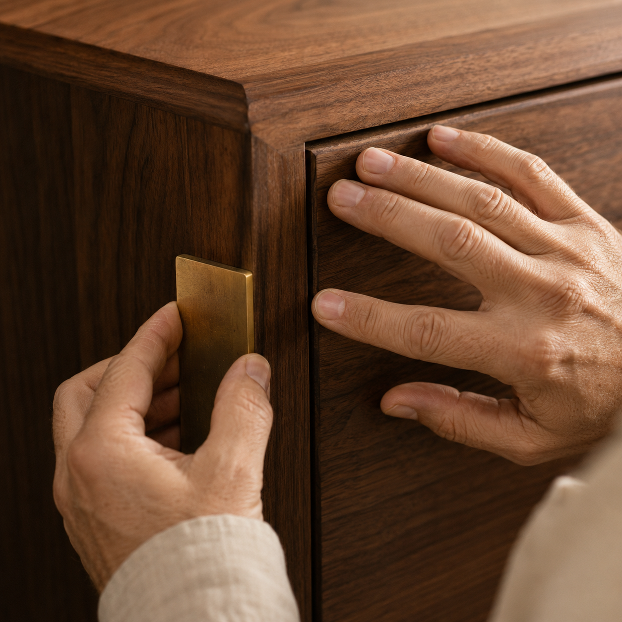 Finished walnut furniture surface being inspected by hand