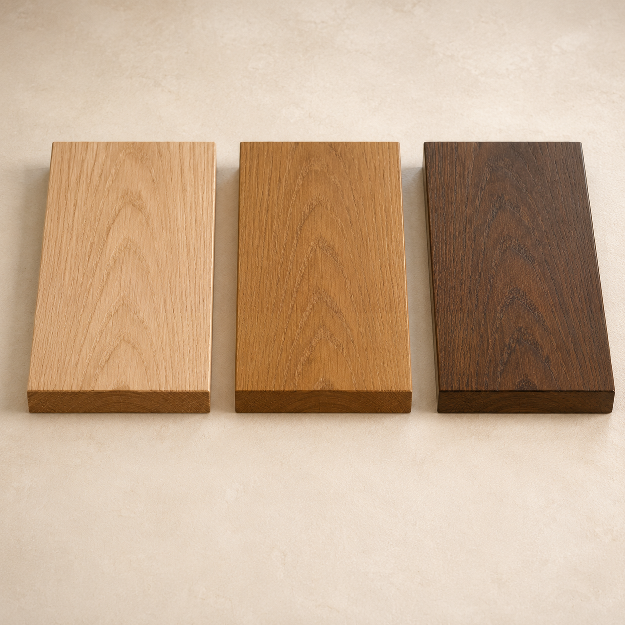 Solid hardwood boards displaying different natural finishes