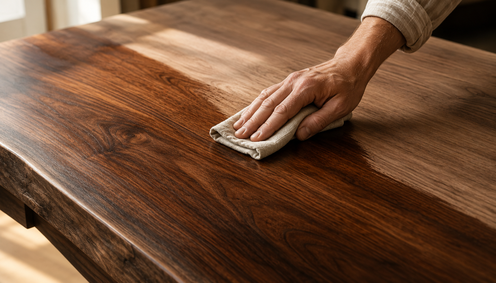 Craftsperson hand-finishing a solid hardwood furniture component