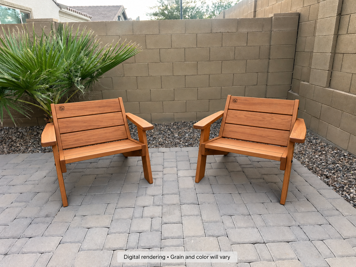 Digital rendering: Low Boy Adirondack Chair Pair in African Mahogany / light honey. Actual grain and color will vary.