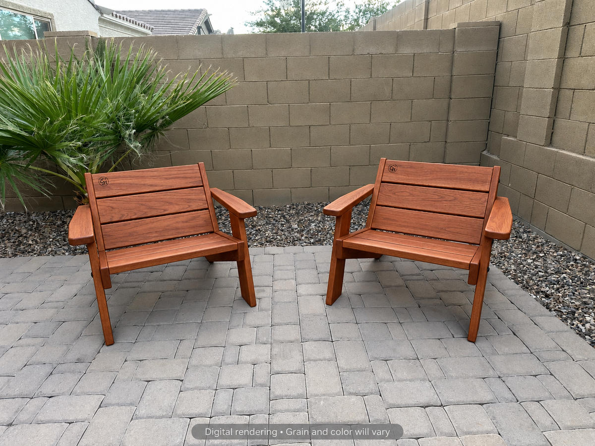 Digital rendering: Low Boy Adirondack Chair Pair in African Mahogany / natural satin. Actual grain and color will vary.
