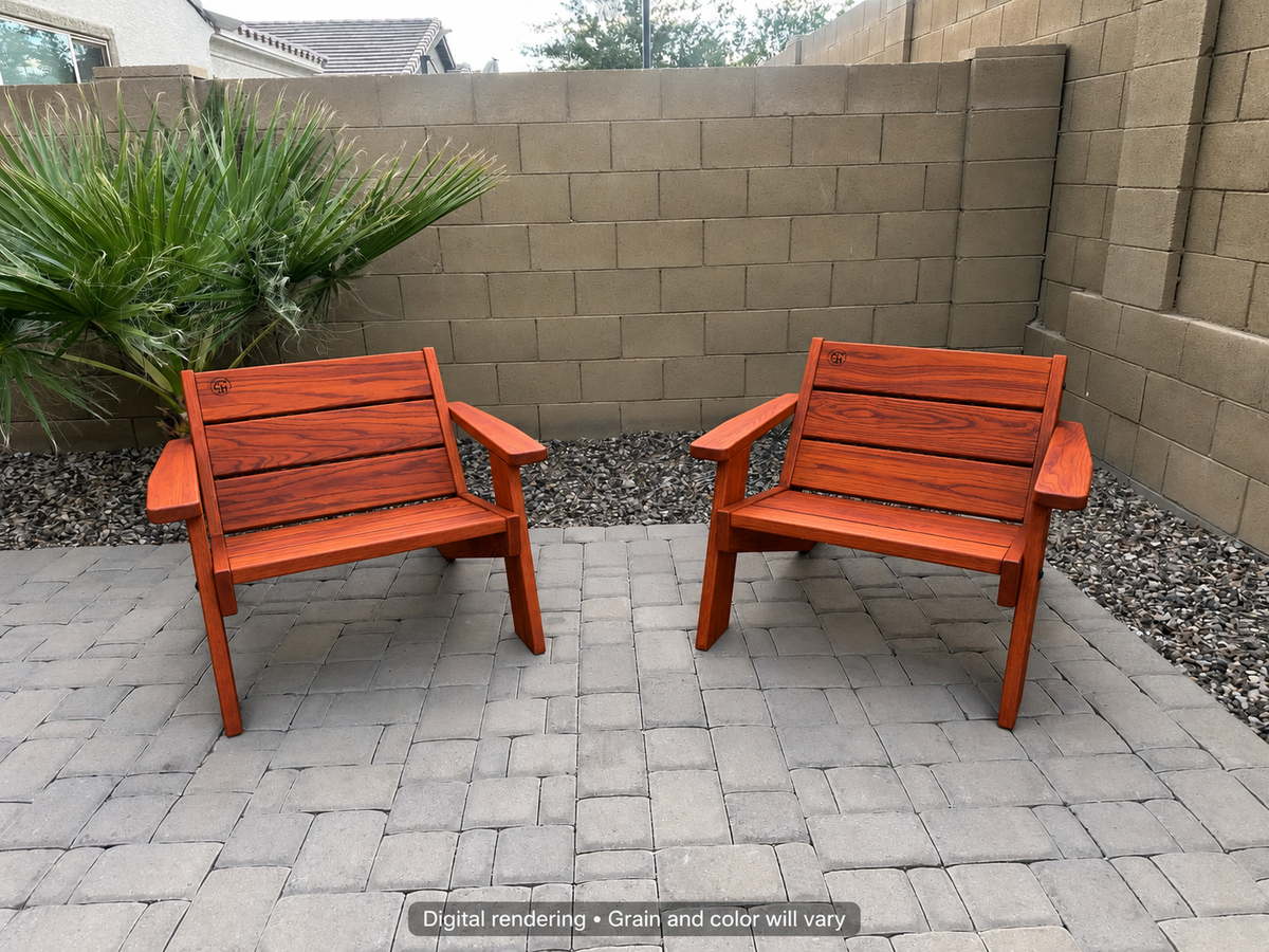Digital rendering: Low Boy Adirondack Chair Pair in African Padauk / satin clear. Actual grain and color will vary.