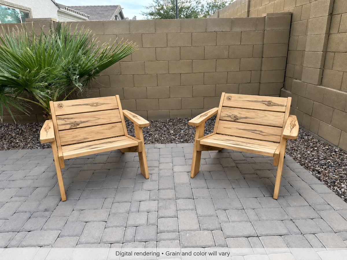 Digital rendering: Low Boy Adirondack Chair Pair in Ambrosia Maple / matte clear. Actual grain and color will vary.