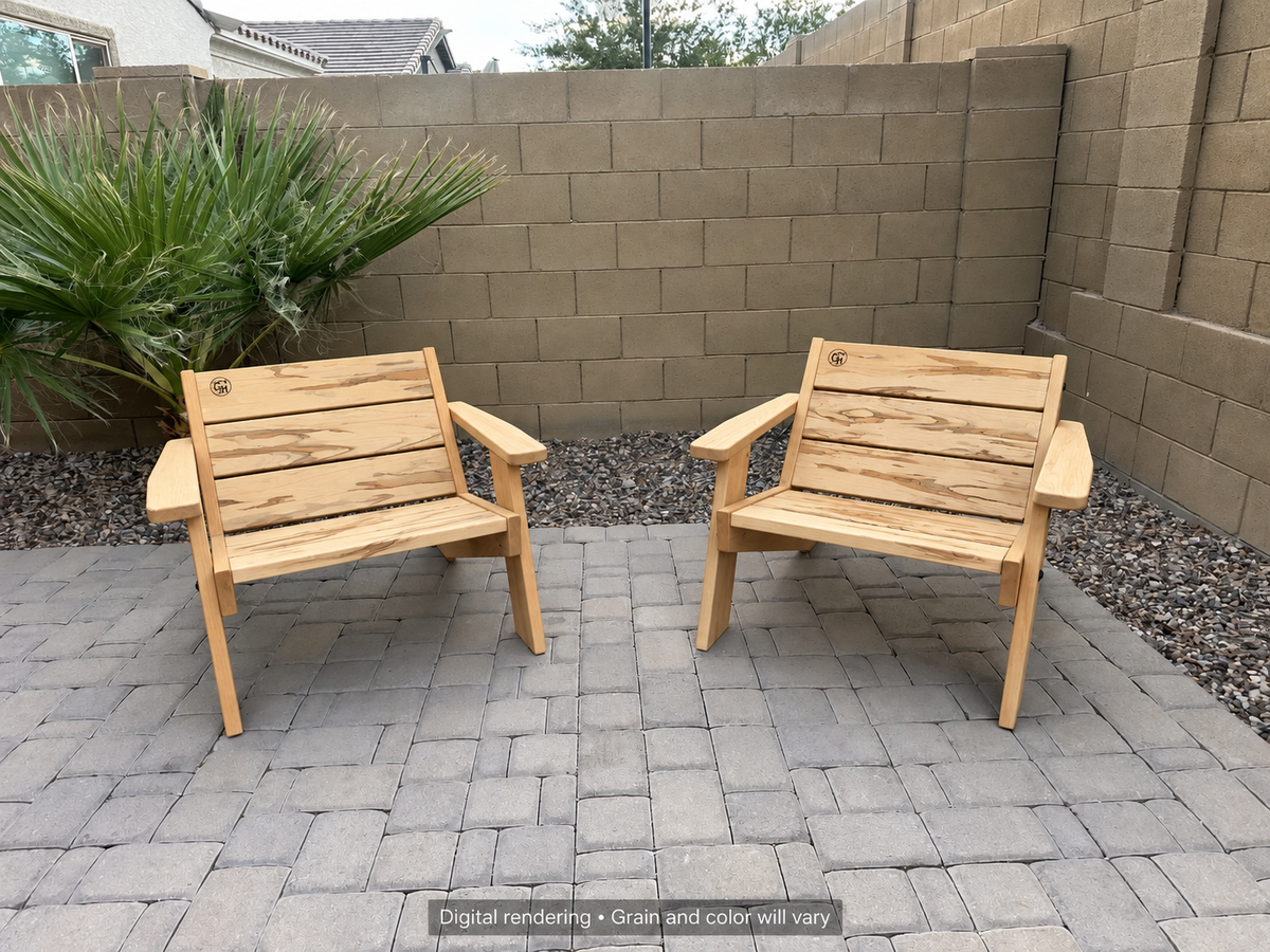 Digital rendering: Low Boy Adirondack Chair Pair in Ambrosia Maple / natural satin. Actual grain and color will vary.