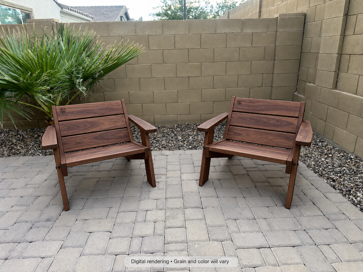 Digital rendering: Low Boy Adirondack Chair Pair in Black Walnut / matte oil. Actual grain and color will vary.