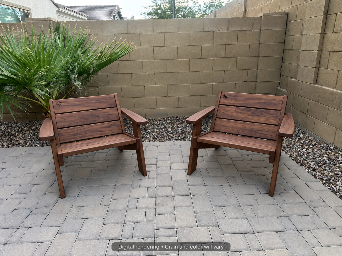 Digital rendering: Low Boy Adirondack Chair Pair in Black Walnut / natural satin. Actual grain and color will vary.