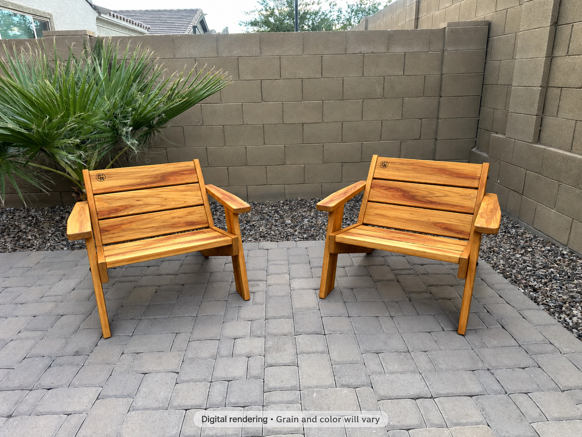 Digital rendering: Low Boy Adirondack Chair Pair in Canarywood / natural satin. Actual grain and color will vary.