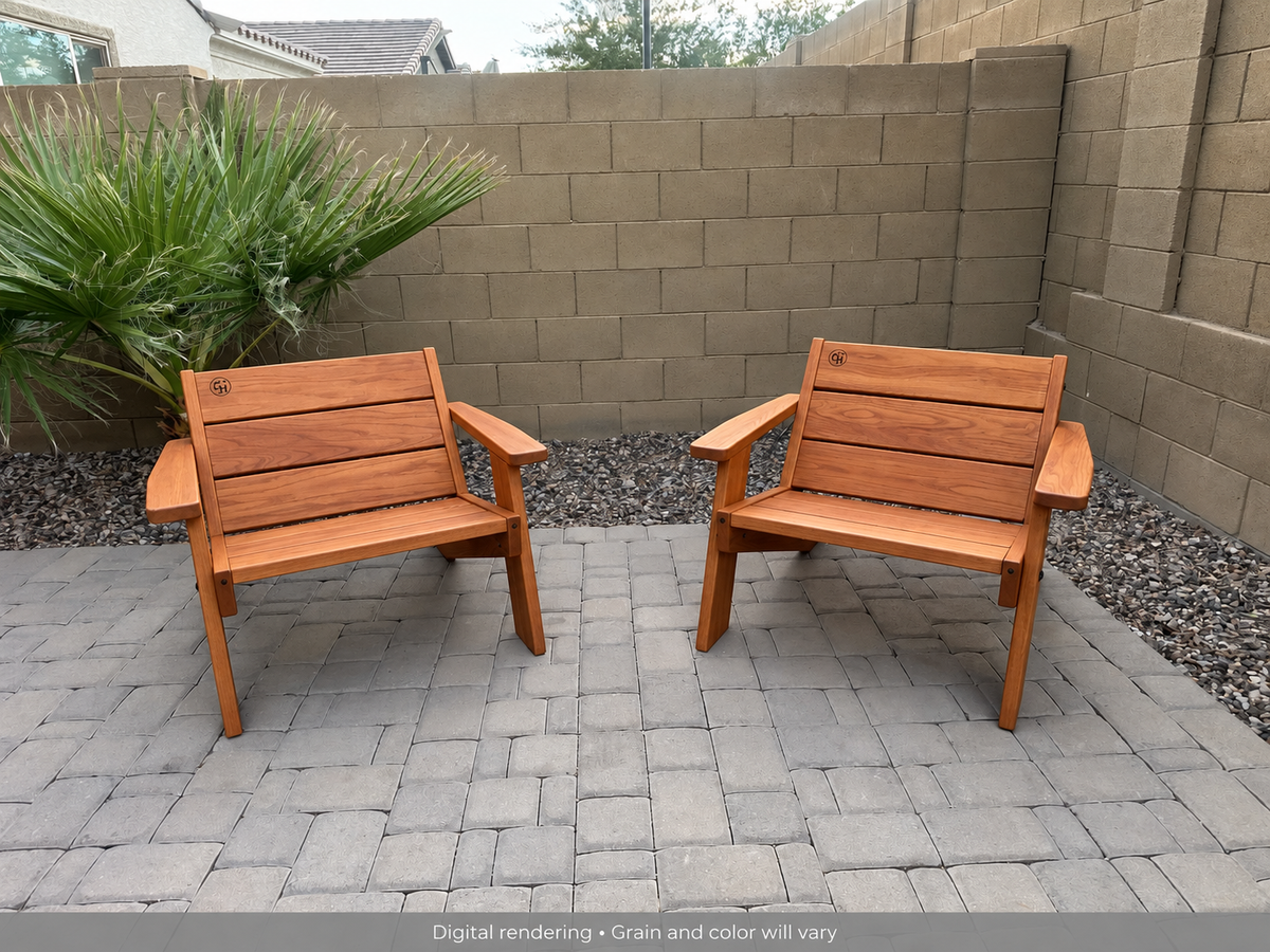 Digital rendering: Low Boy Adirondack Chair Pair in Cherry / natural satin. Actual grain and color will vary.