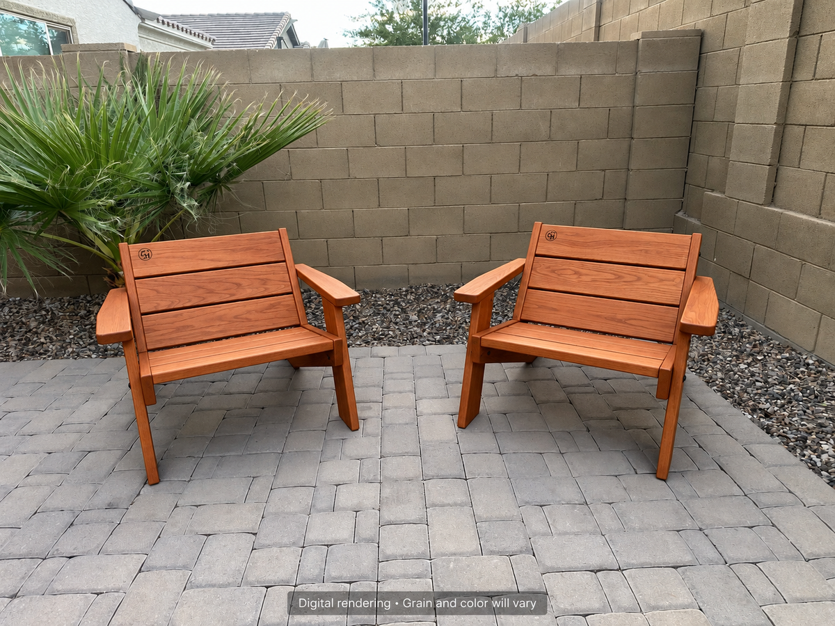 Digital rendering: Low Boy Adirondack Chair Pair in Cherry / satin oil. Actual grain and color will vary.