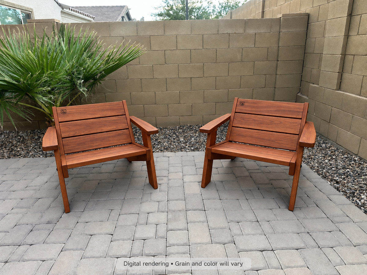 Digital rendering: Low Boy Adirondack Chair Pair in Genuine Mahogany / satin oil. Actual grain and color will vary.