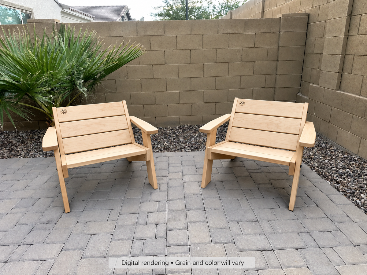 Digital rendering: Low Boy Adirondack Chair Pair in Hard White Maple / natural satin. Actual grain and color will vary.