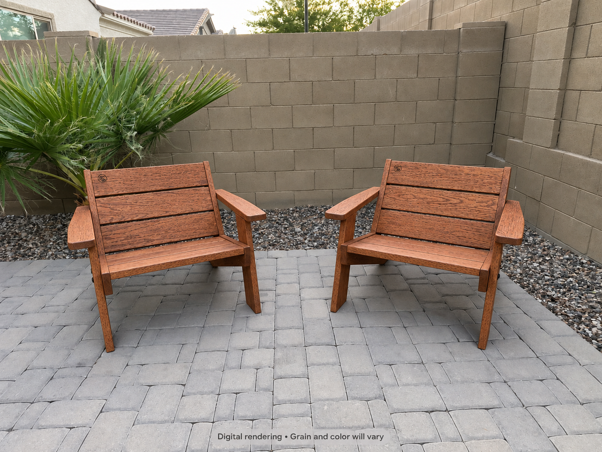 Digital rendering: Low Boy Adirondack Chair Pair in Leopardwood / matte clear. Actual grain and color will vary.