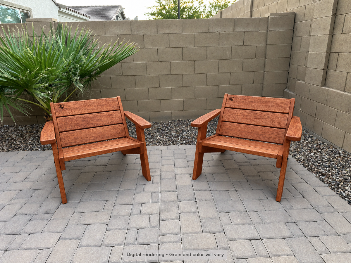 Digital rendering: Low Boy Adirondack Chair Pair in Leopardwood / satin clear. Actual grain and color will vary.