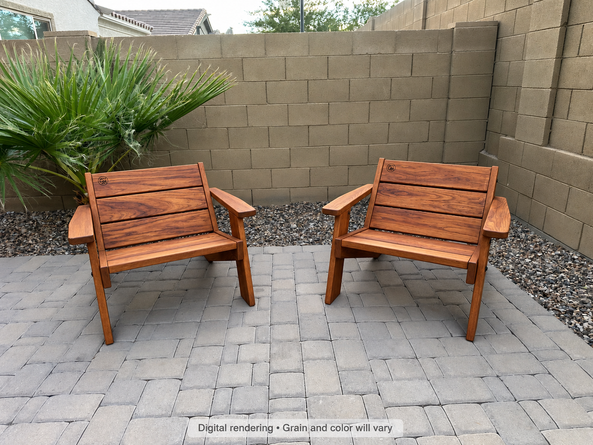Digital rendering: Low Boy Adirondack Chair Pair in Mesquite / natural satin. Actual grain and color will vary.