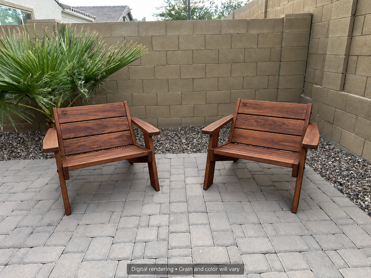 Digital rendering: Low Boy Adirondack Chair Pair in Mesquite / walnut reserve. Actual grain and color will vary.