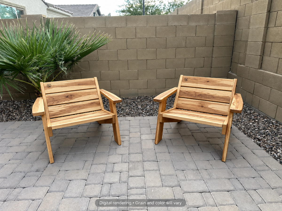 Digital rendering: Low Boy Adirondack Chair Pair in Natural Hickory / light honey. Actual grain and color will vary.