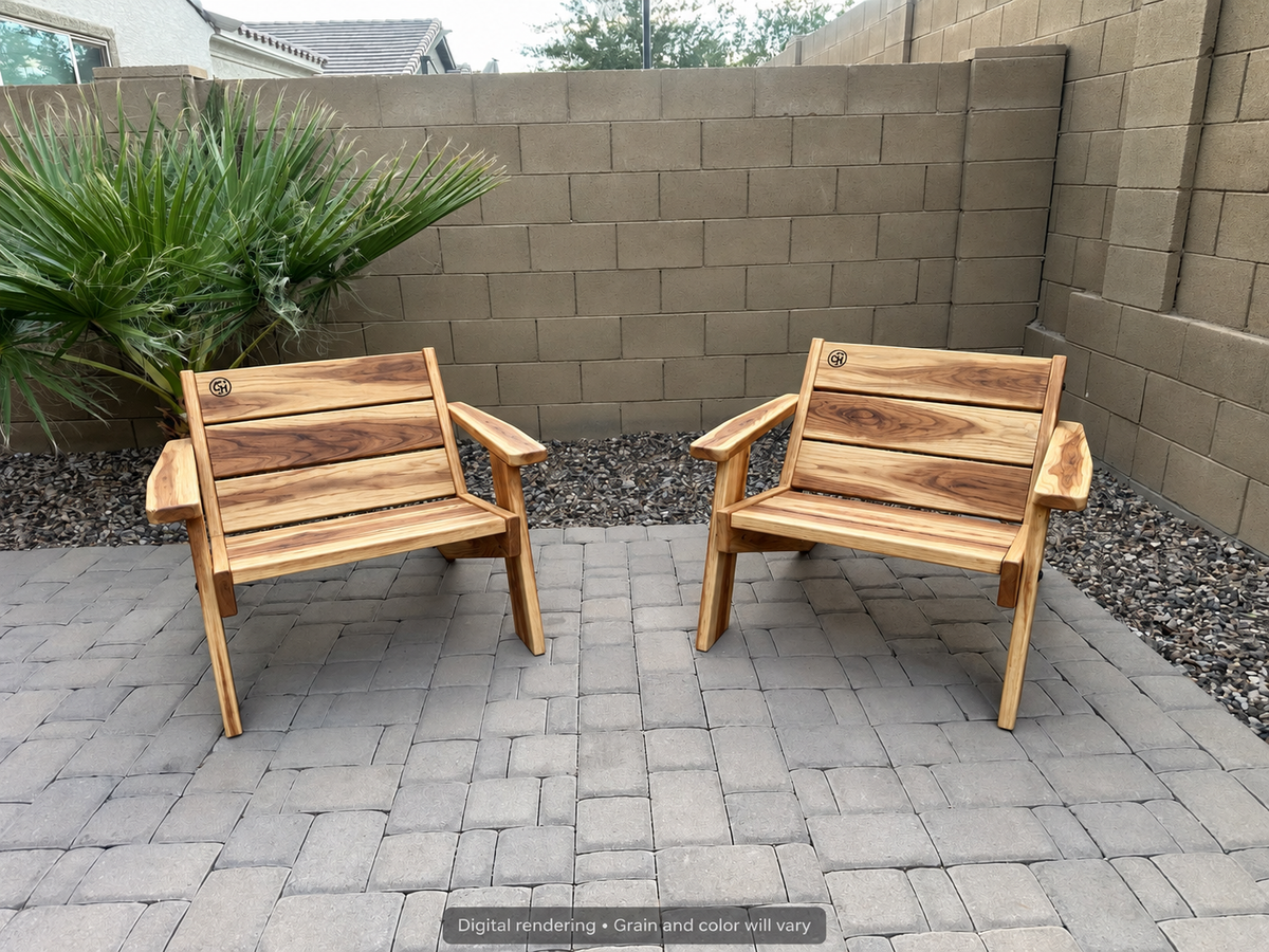 Digital rendering: Low Boy Adirondack Chair Pair in Natural Hickory / natural satin. Actual grain and color will vary.