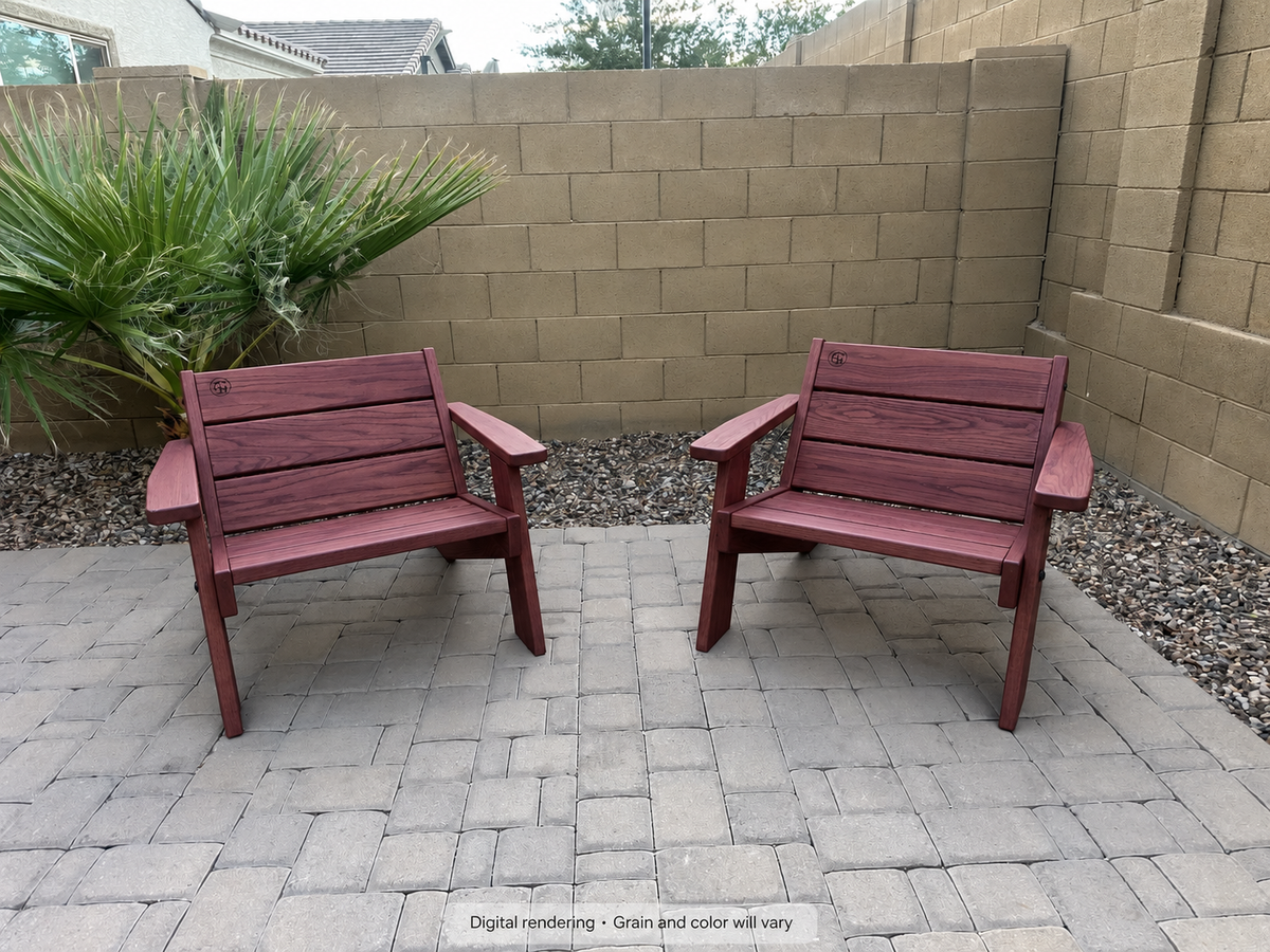 Digital rendering: Low Boy Adirondack Chair Pair in Purpleheart / uv satin clear. Actual grain and color will vary.