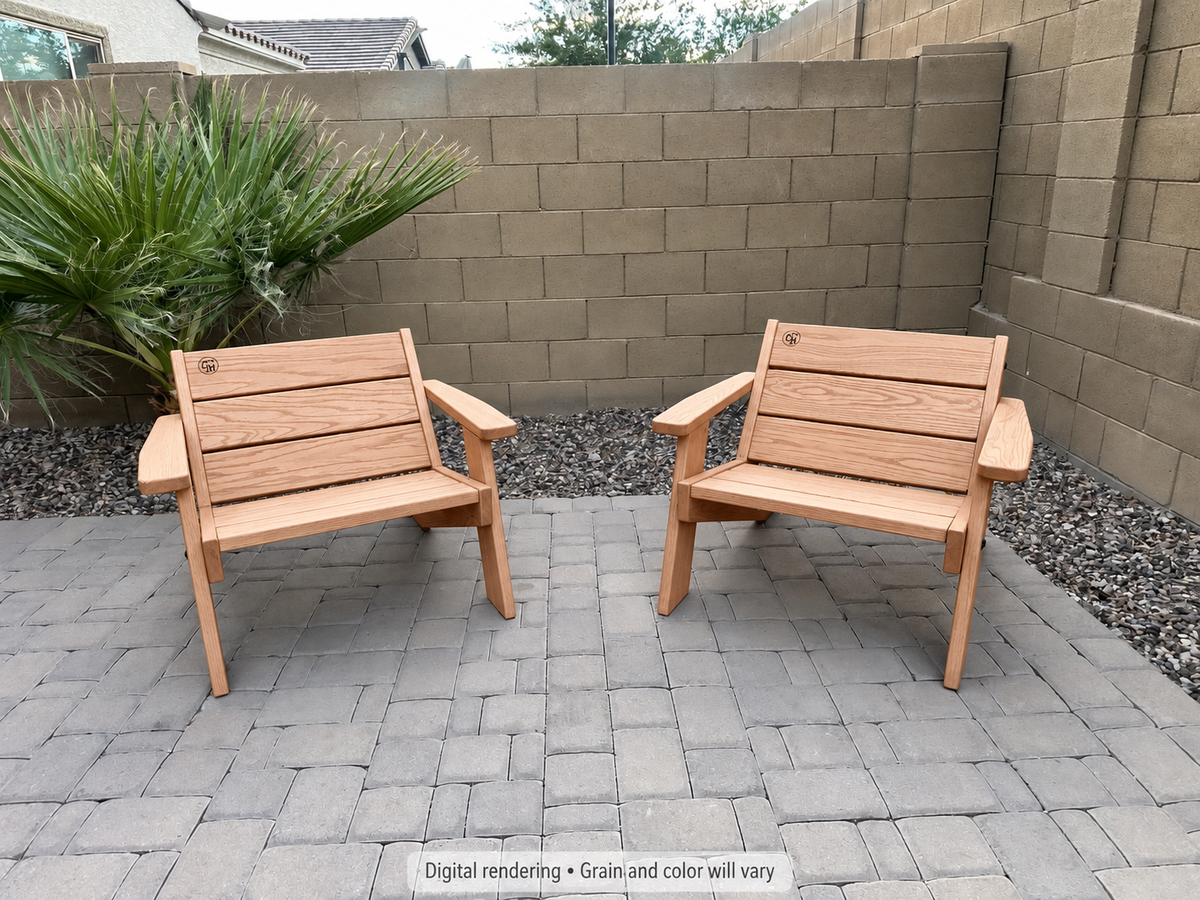 Digital rendering: Low Boy Adirondack Chair Pair in Red Oak / natural satin. Actual grain and color will vary.