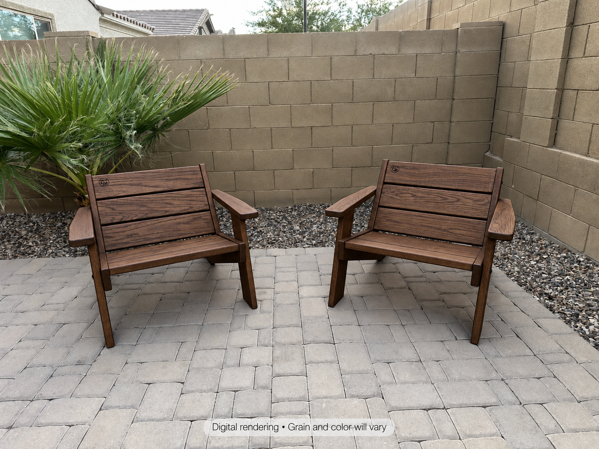 Digital rendering: Low Boy Adirondack Chair Pair in Red Oak / walnut reserve. Actual grain and color will vary.