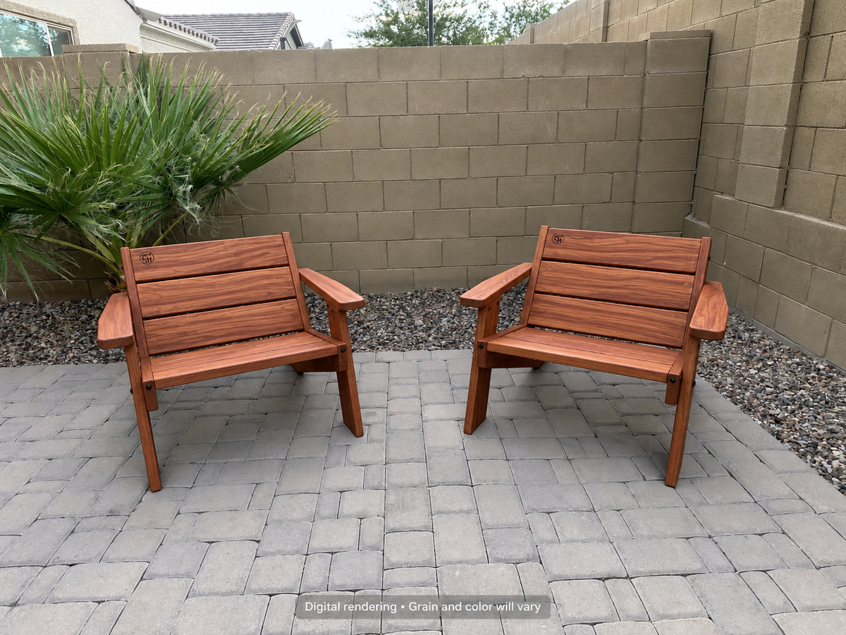 Digital rendering: Low Boy Adirondack Chair Pair in Sapele Ribbon / natural satin. Actual grain and color will vary.