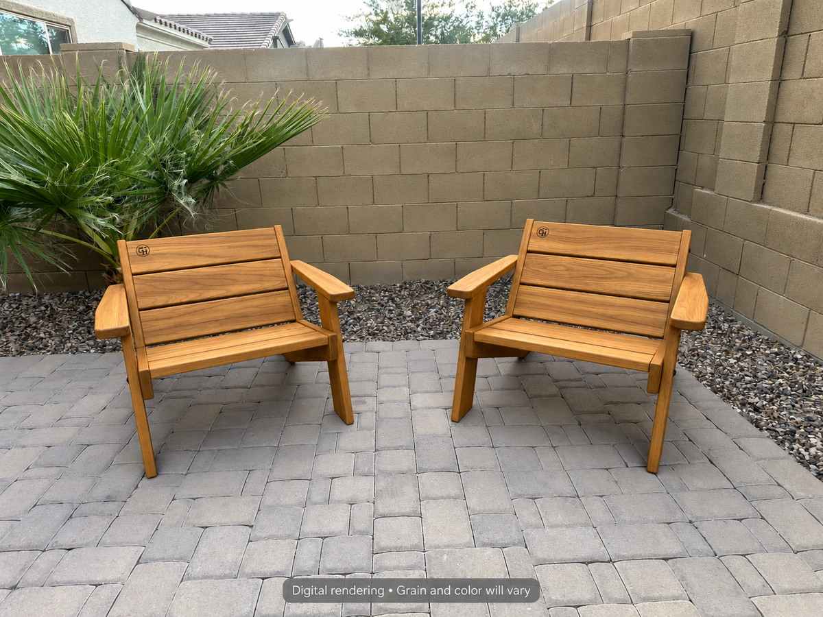 Digital rendering: Low Boy Adirondack Chair Pair in Teak / natural teak oil. Actual grain and color will vary.