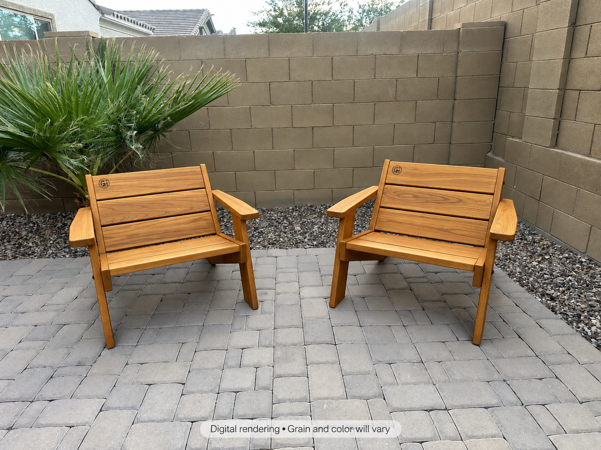 Digital rendering: Low Boy Adirondack Chair Pair in Teak / satin clear. Actual grain and color will vary.