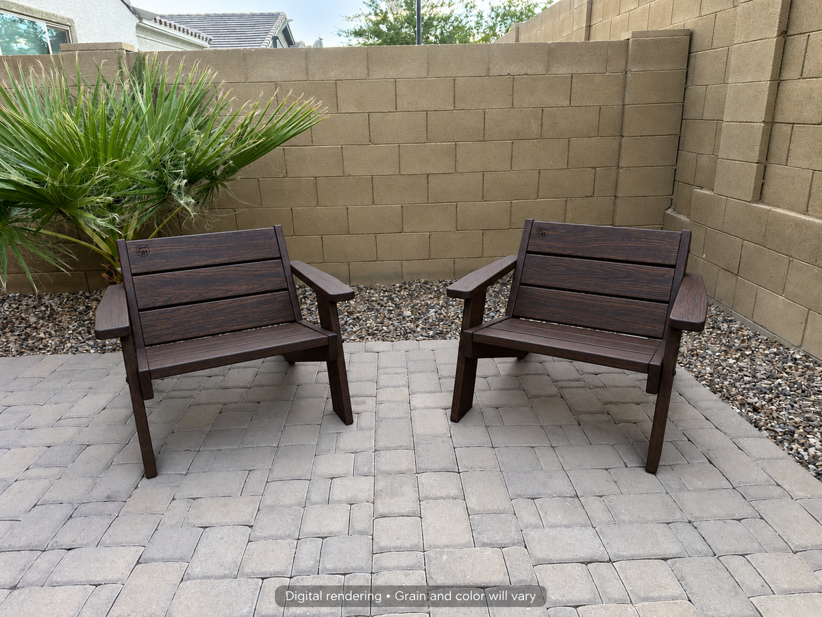 Digital rendering: Low Boy Adirondack Chair Pair in Wenge / satin clear. Actual grain and color will vary.
