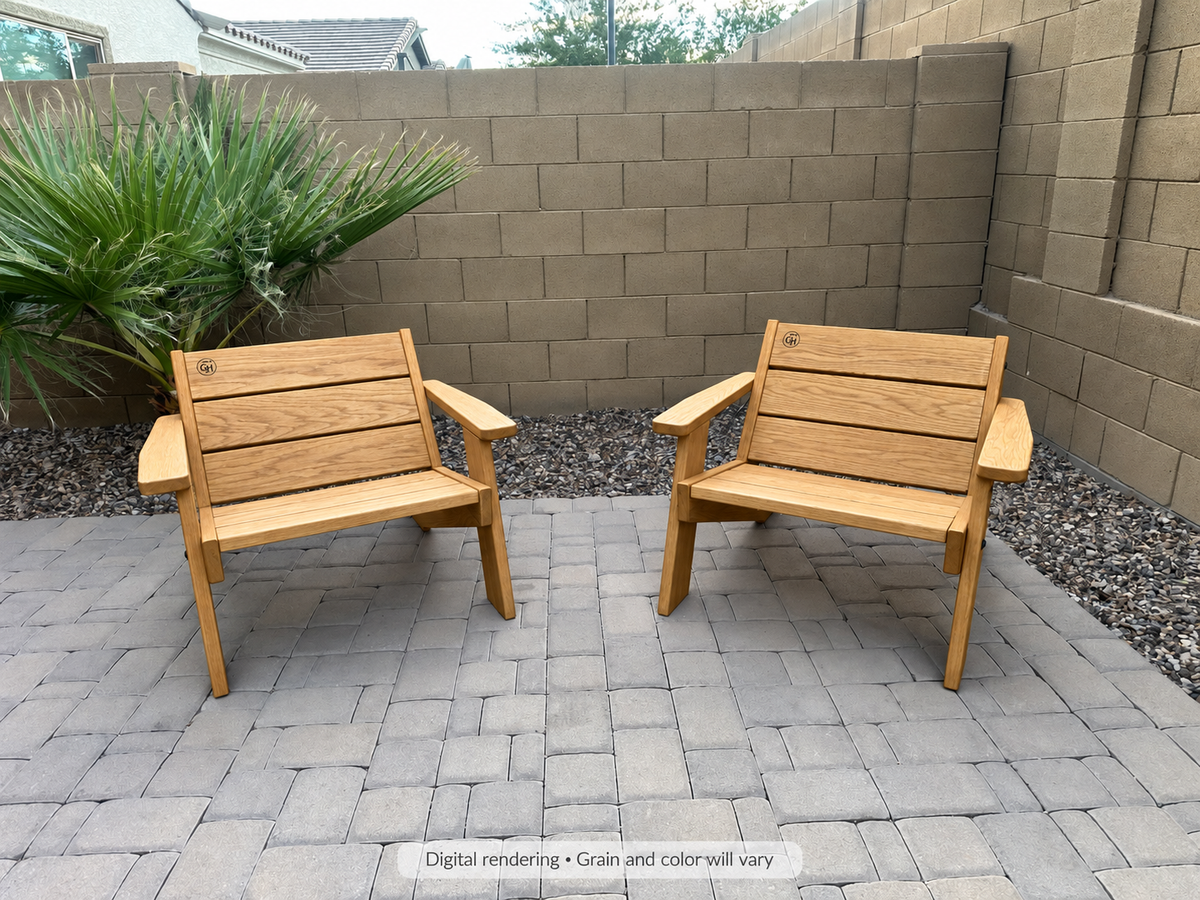 Digital rendering: Low Boy Adirondack Chair Pair in White Oak / canyon honey. Actual grain and color will vary.