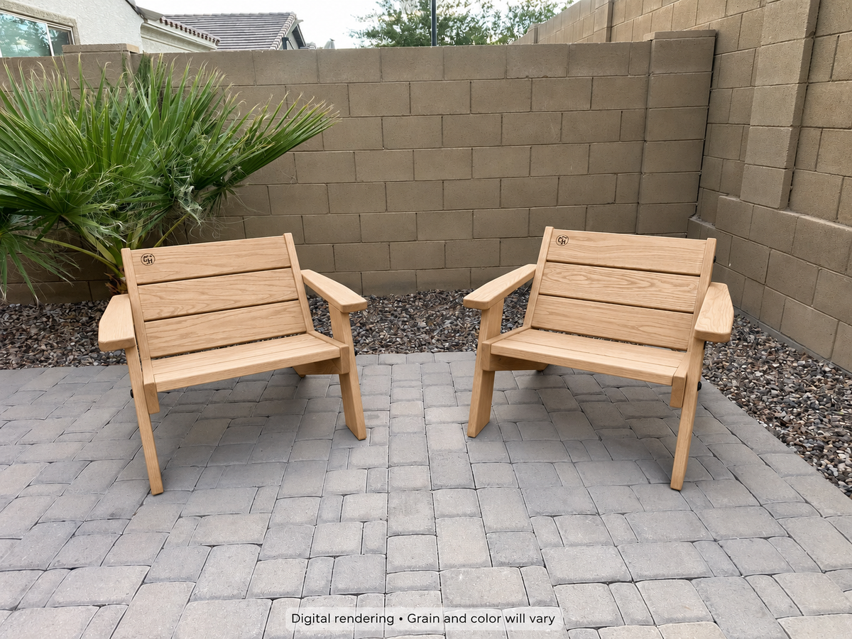 Digital rendering: Low Boy Adirondack Chair Pair in White Oak / natural satin. Actual grain and color will vary.