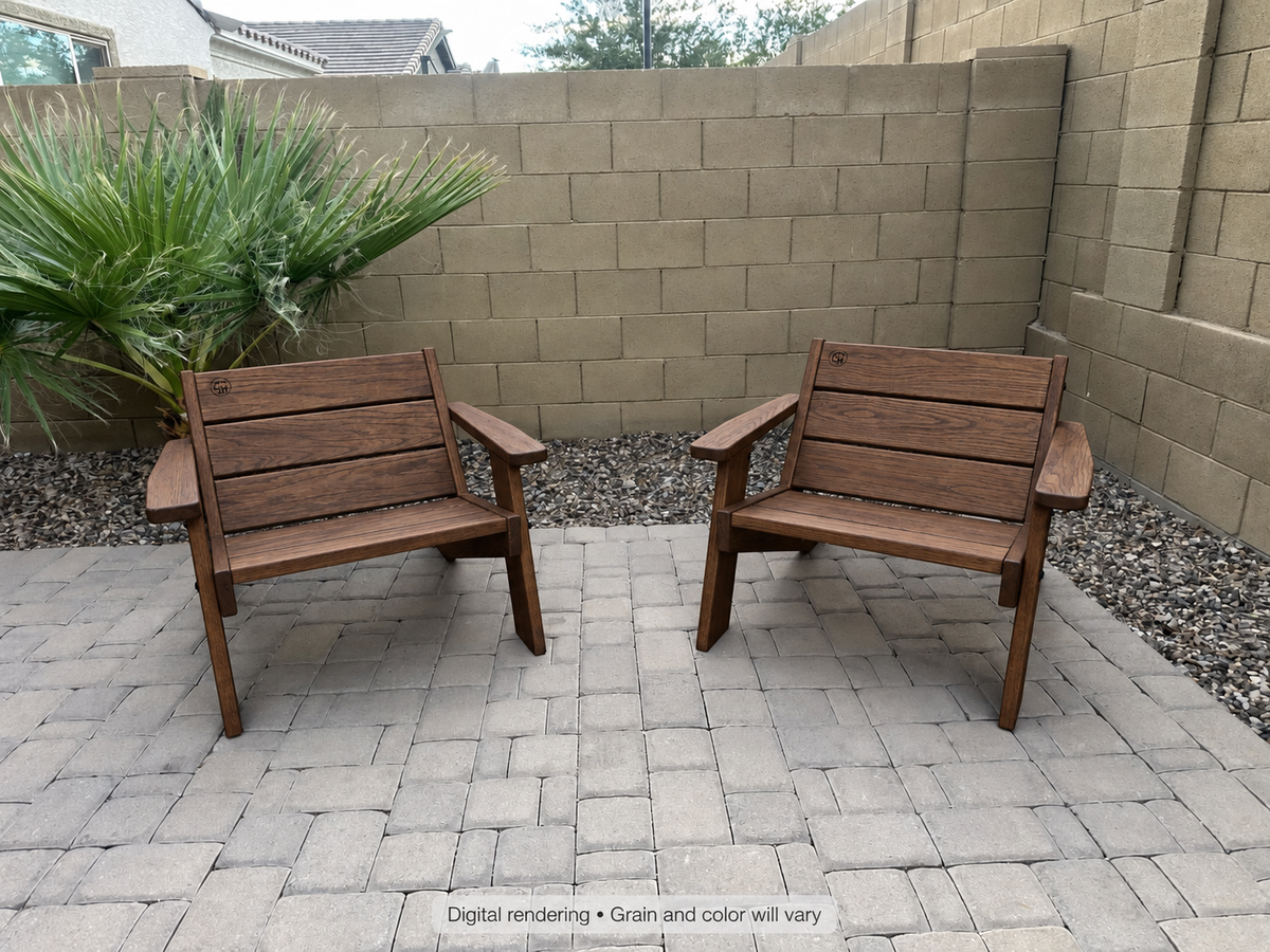 Digital rendering: Low Boy Adirondack Chair Pair in White Oak / walnut reserve. Actual grain and color will vary.