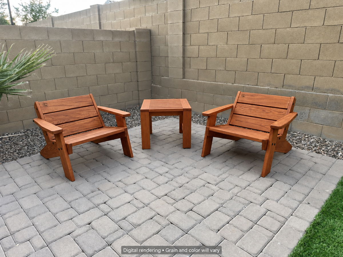Digital rendering: Low Boy Adirondack Chair Pair with End Table in African Mahogany / natural satin. Actual grain and color will vary.