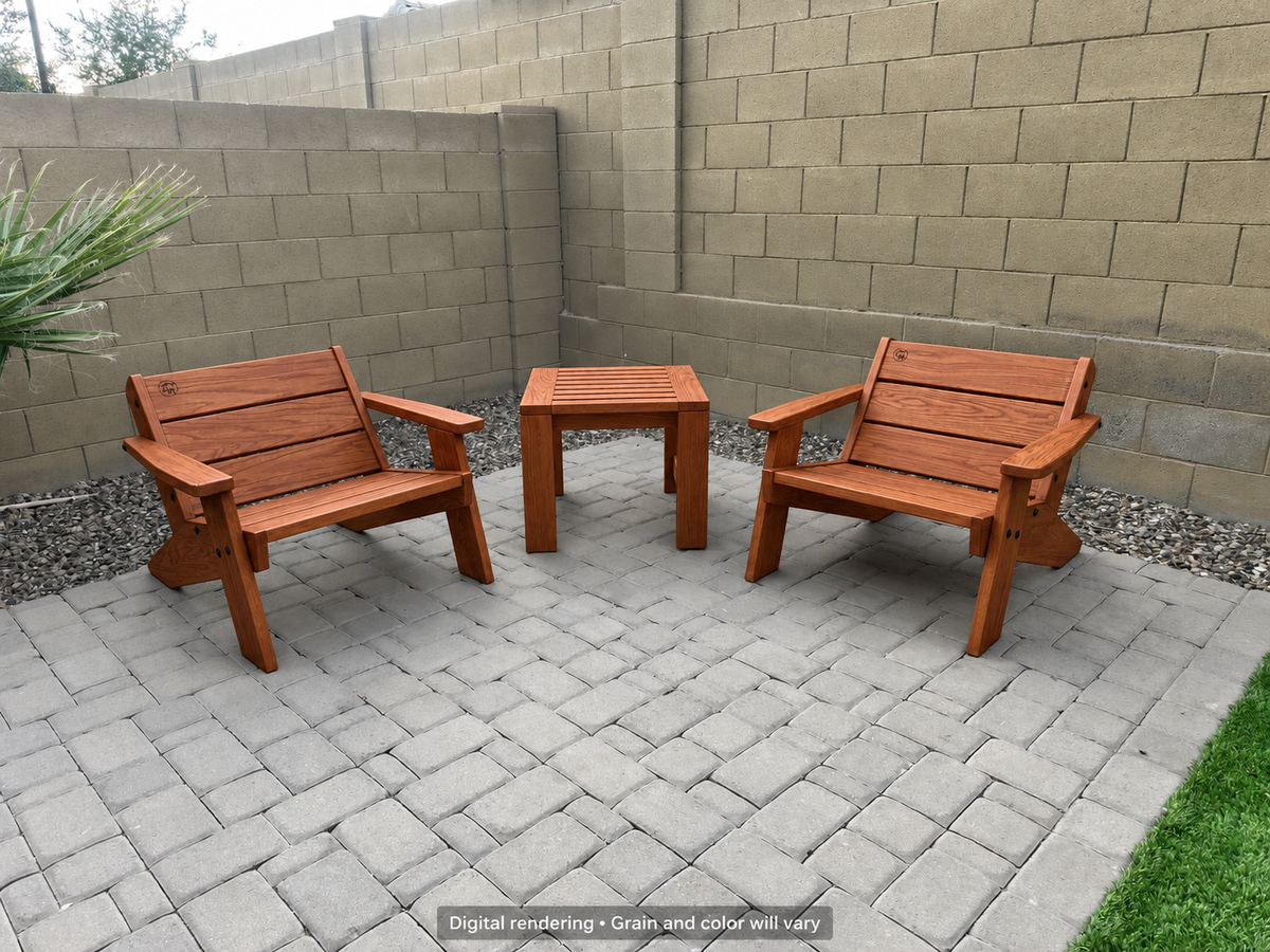 Digital rendering: Low Boy Adirondack Chair Pair with End Table in African Mahogany / satin oil. Actual grain and color will vary.