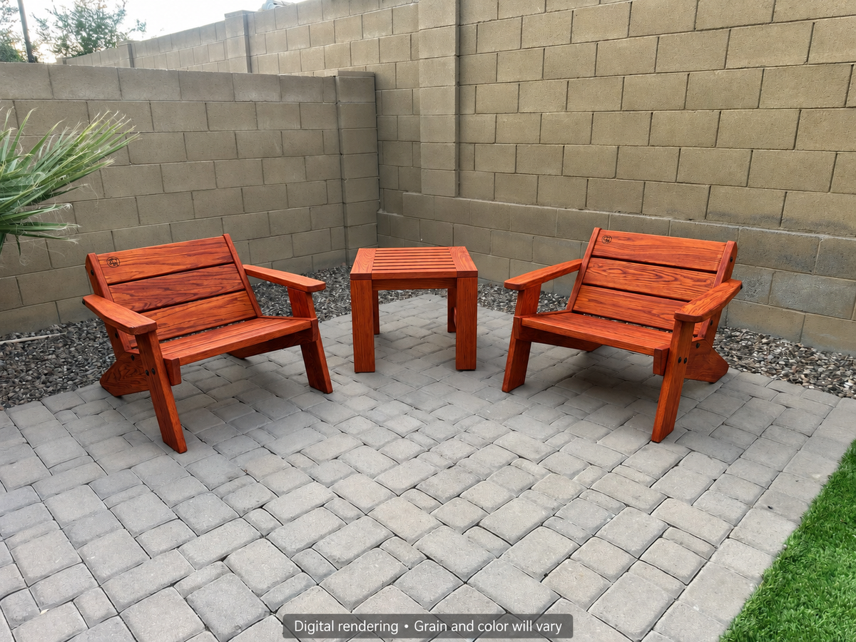 Digital rendering: Low Boy Adirondack Chair Pair with End Table in African Padauk / satin clear. Actual grain and color will vary.